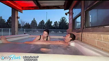Teen's hottub sex leads to the neighbor trying to catch a peek