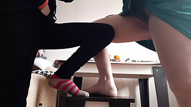 Middle aged woman and student masturbate on chairs