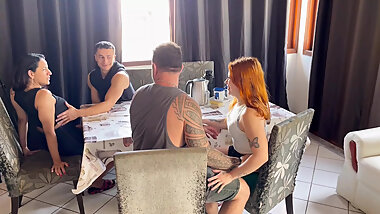 Breakfast at home ends in sex and couple swapping.