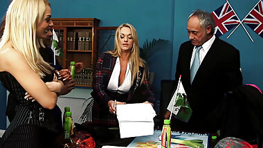 Big Boobed Brits Suck and Fuck Old Guys in Office Threesome